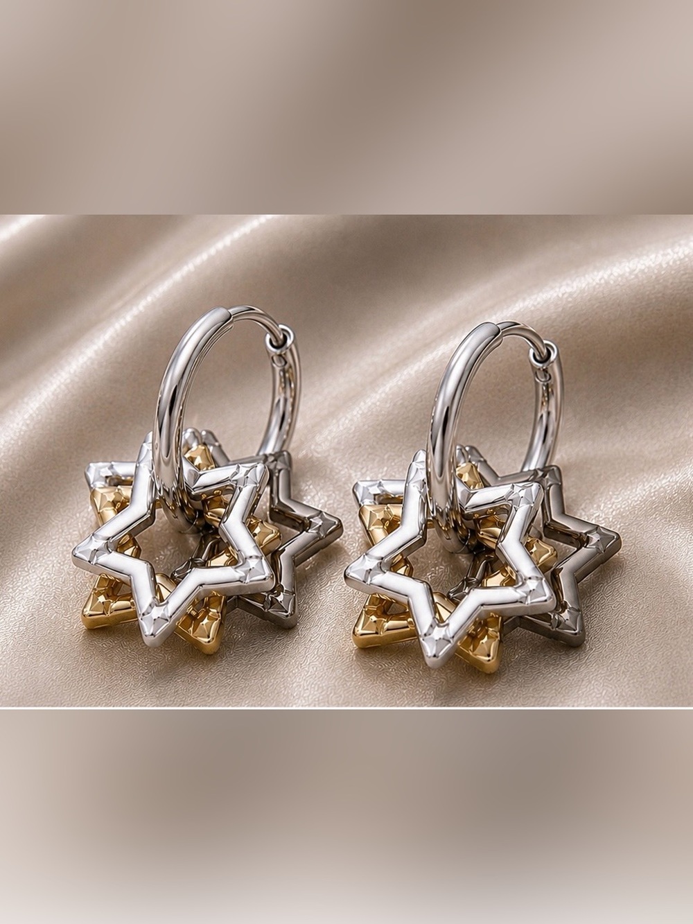Three-Tone Star Hoop Huggies Earrings Brand New